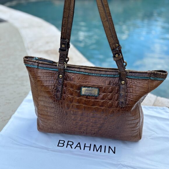 Brahmin Handbags - Brahmin Croc Embossed Leather Asher Handbag – Pecan – Classic Shoulder Purse